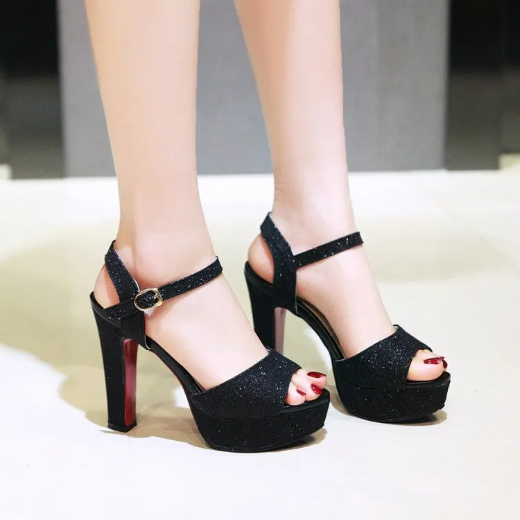 Women's Sparkling Peep Toe Ankle Strap Buckle Platform Chunky Heel Sandals