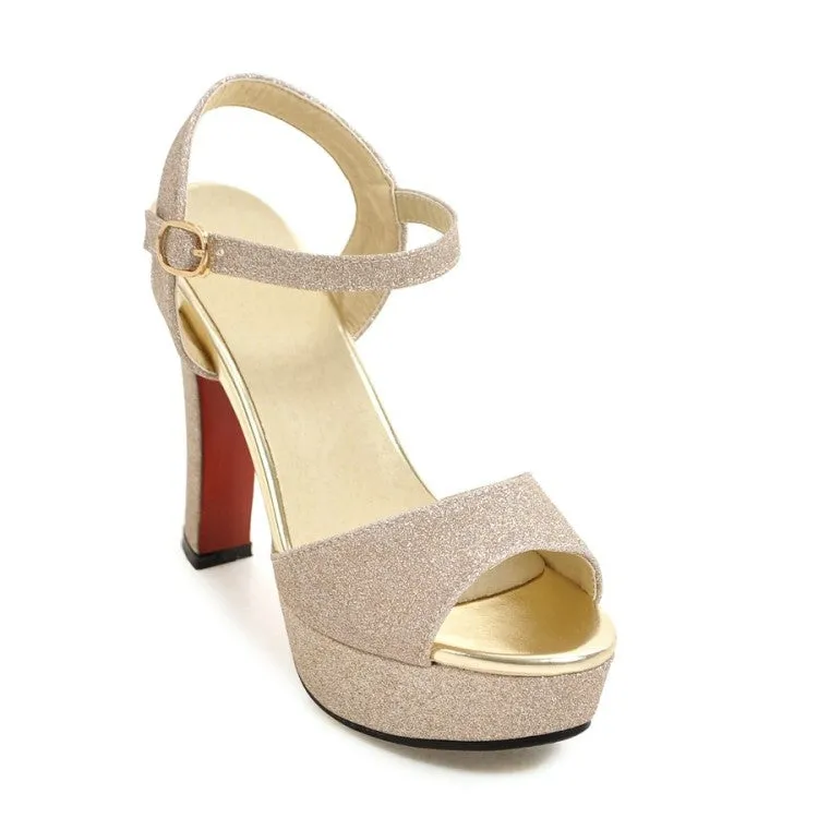 Women's Sparkling Peep Toe Ankle Strap Buckle Platform Chunky Heel Sandals