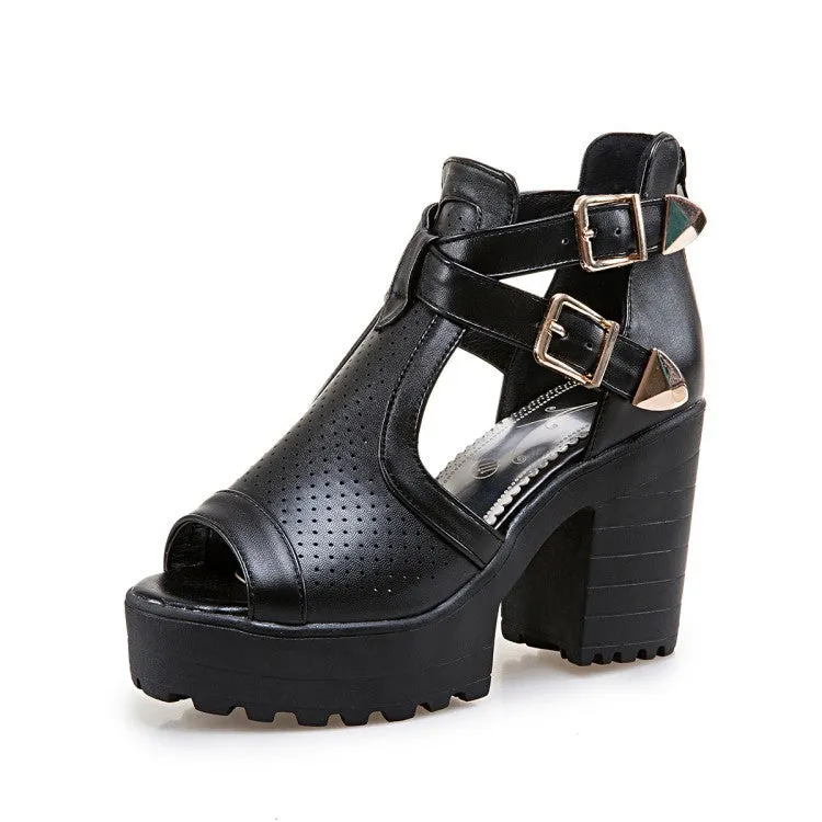 Women's Straps Buckle Platform Sandals Chunky High Heels Shoes 2383