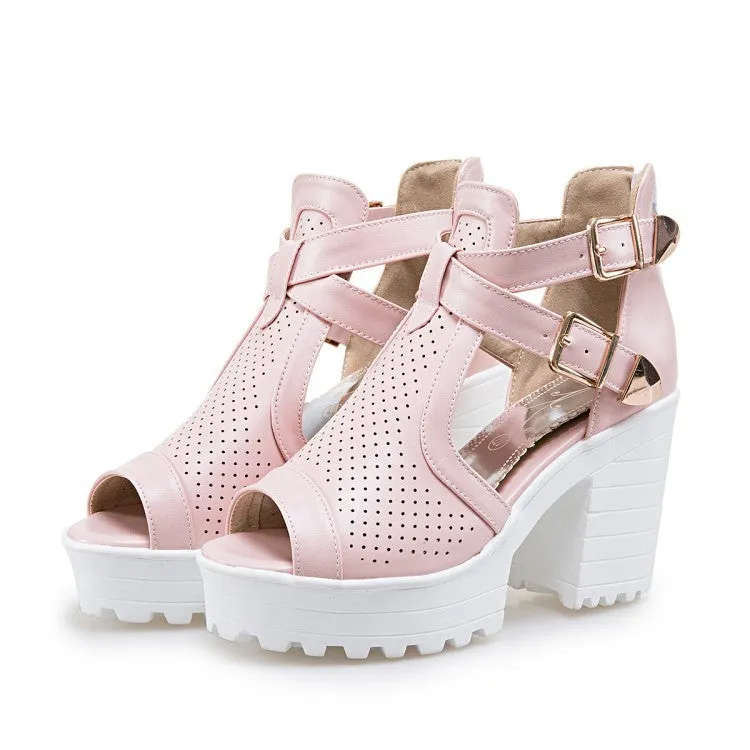 Women's Straps Buckle Platform Sandals Chunky High Heels Shoes 2383