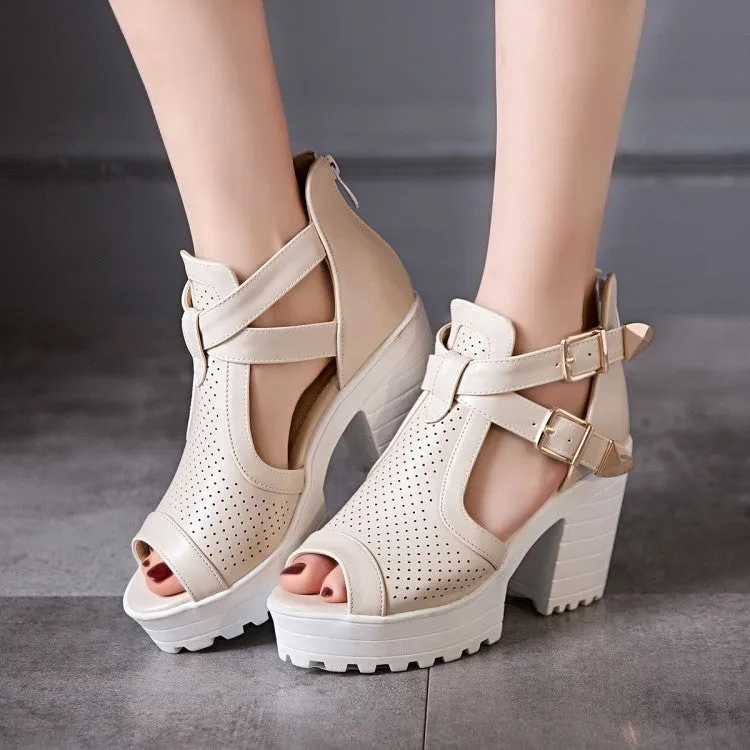 Women's Straps Buckle Platform Sandals Chunky High Heels Shoes 2383
