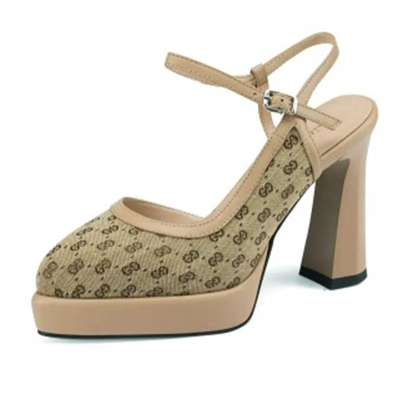 Women's thick heels leather high heels