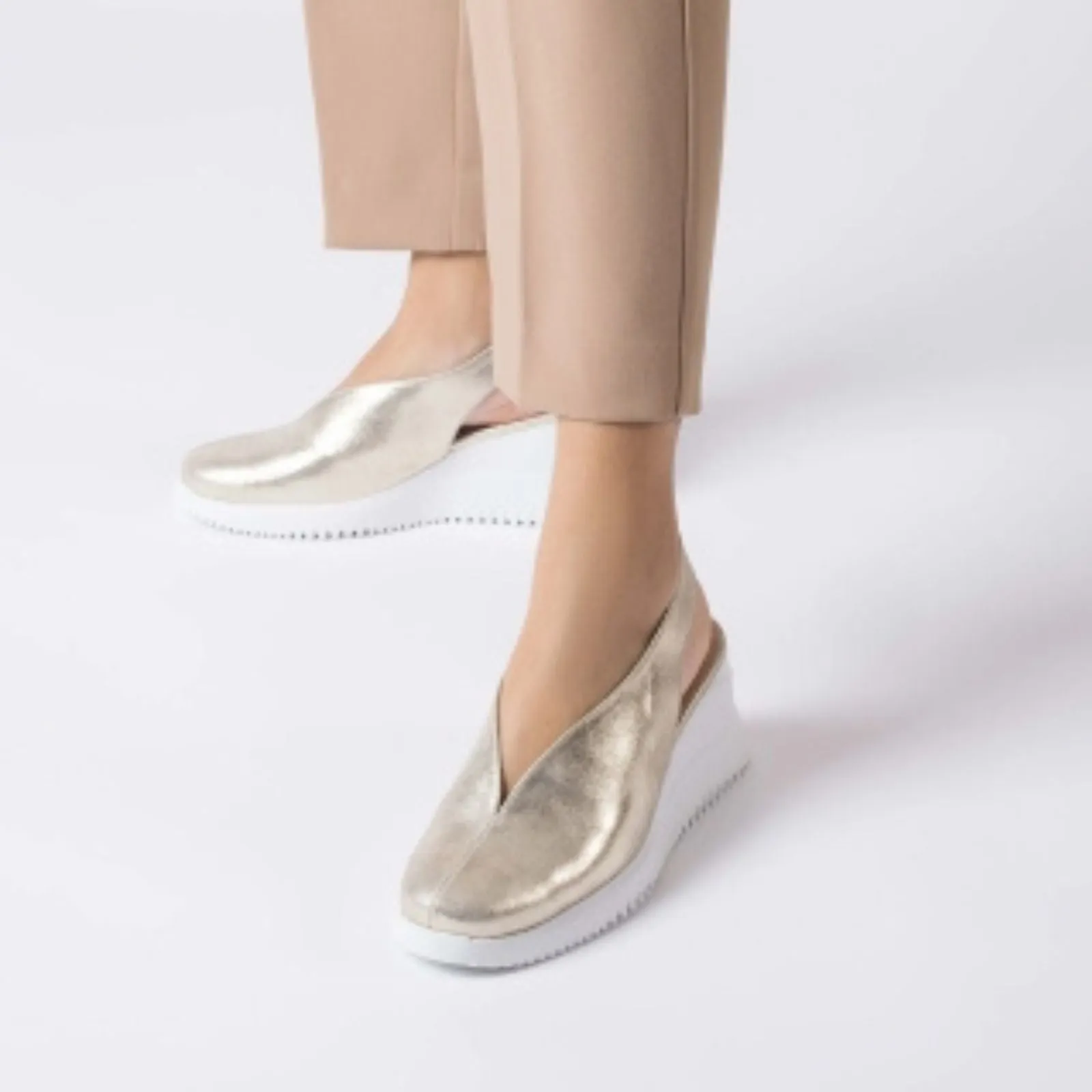 Wonders Gold Leather Sling Back Wedge Shoes